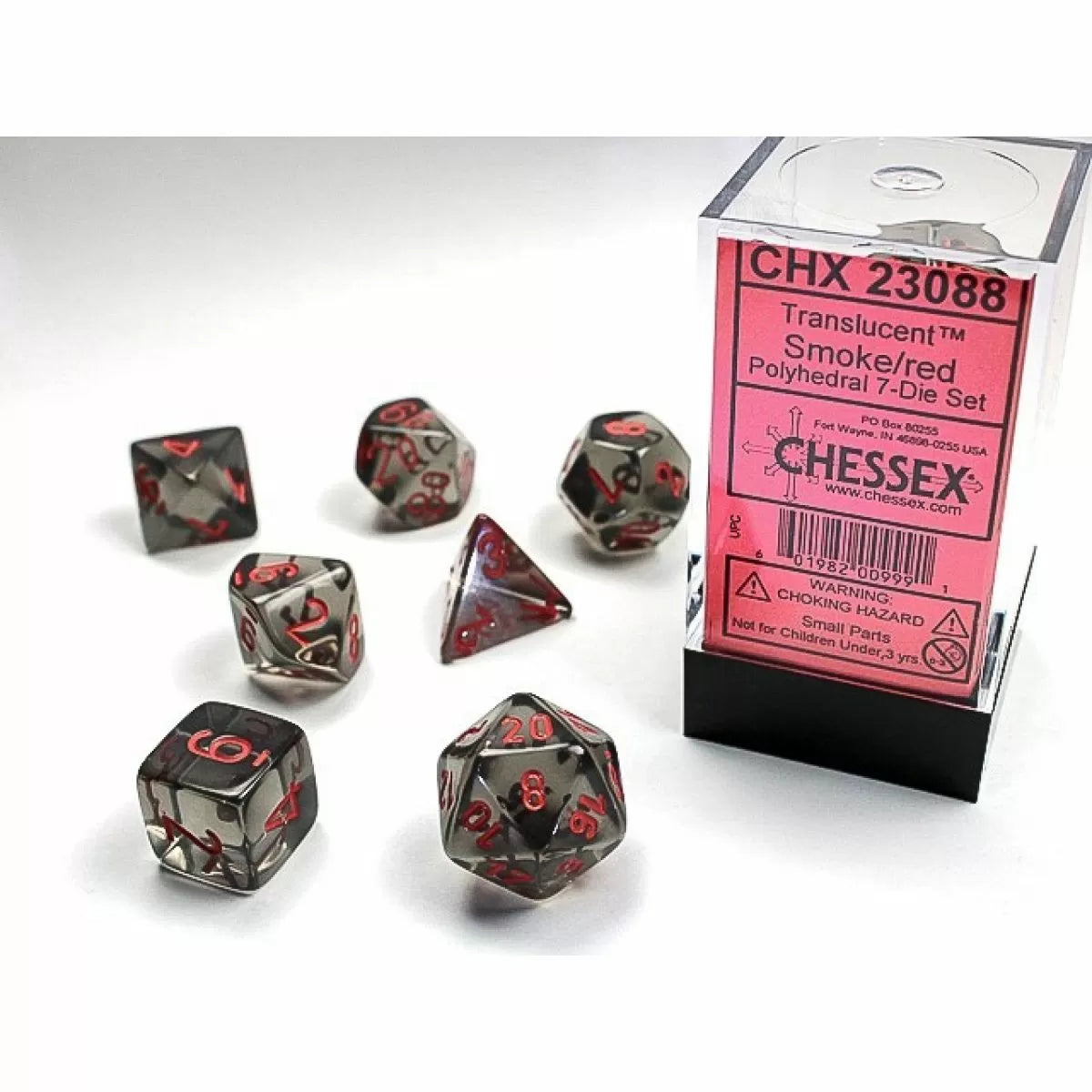 CHX 23088 TRANSLUCENT POLYHEDRAL SMOKE/RED 7-DIE SET