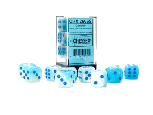 Chessex 26665 Gemini Pearl Turquoise-White/Blue 16mm d6 Block (12 Dice)